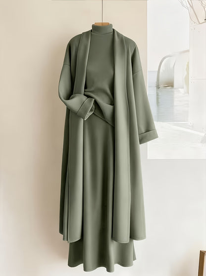 Morandi Green Three-Piece Set for Women: High-Collar, Sleeveless Top And Loose A-Line Midi Skirt And Long Cardigan. Casual Style Suitable for All Seasons