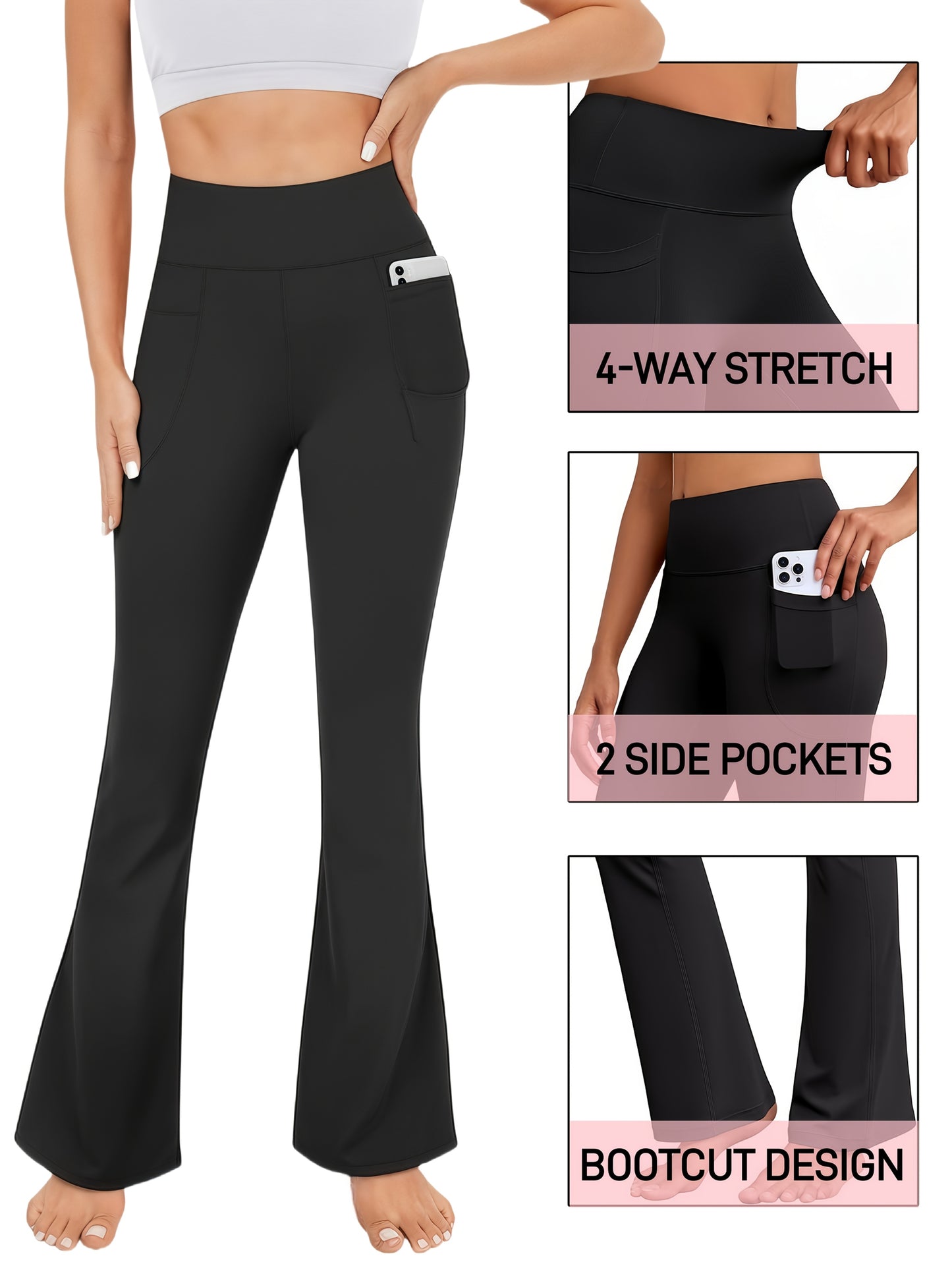 3pcs Fashionable Workwear Style Bell Bottoms, Women Casual Bell Bottoms, High Waist Pocket, Work Style Pants, Quick-Drying Tummy Control Butt Lifting Trousers Flare Leggings