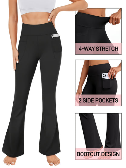 3pcs Fashionable Workwear Style Bell Bottoms, Women Casual Bell Bottoms, High Waist Pocket, Work Style Pants, Quick-Drying Tummy Control Butt Lifting Trousers Flare Leggings