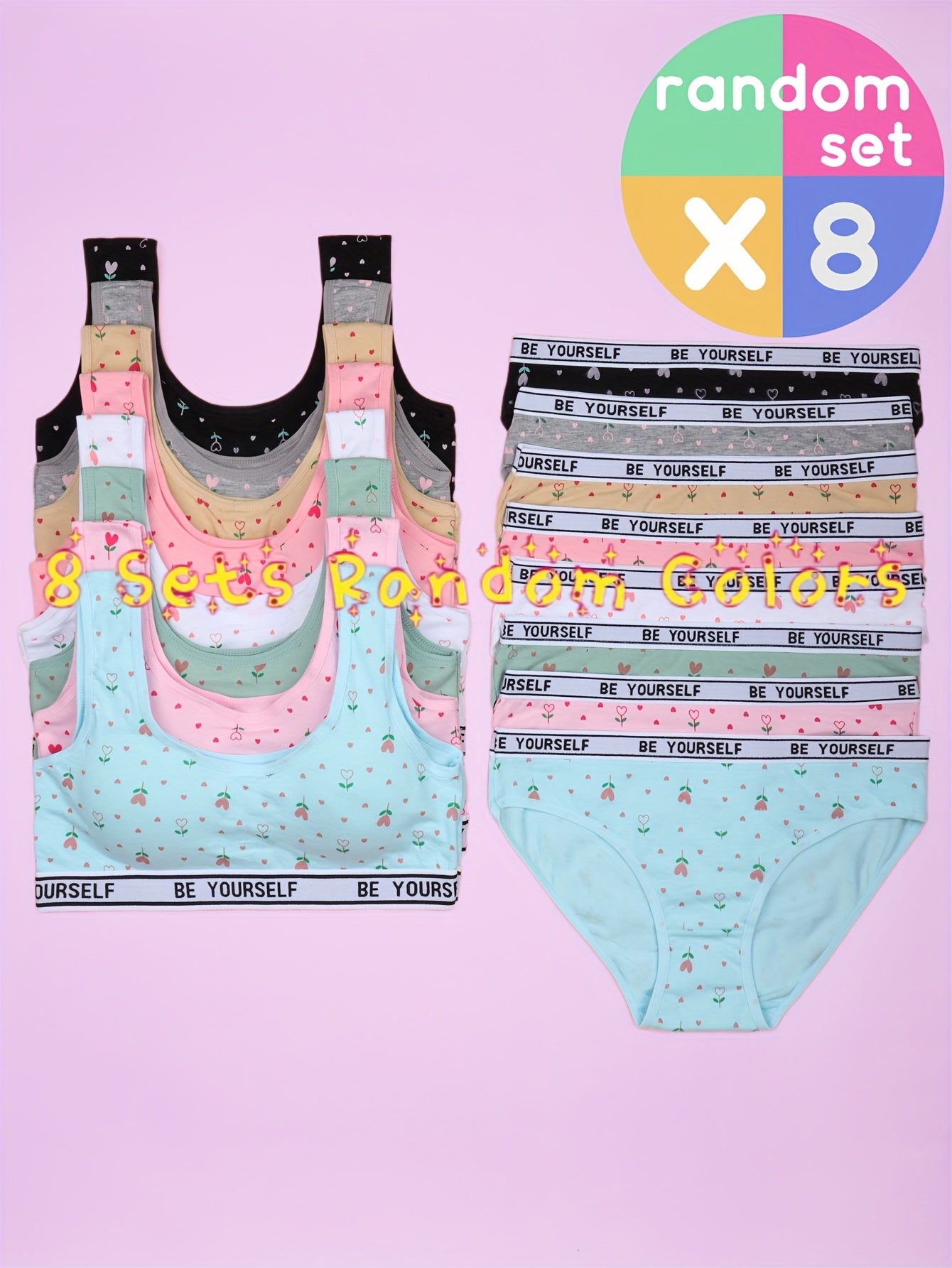 8 Set Bra Panties Set Comfy Breathable Underwear Set, Cute Heart Letter Print Training Set for 10-16, for Teenager, For Teenager