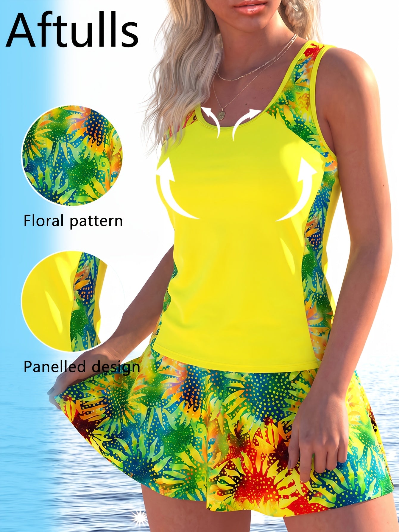 Aftulls Women's Floral Tankini Set - High Stretch, Non-Transparent, Machine Washable - Includes Racerback Top & Skirted Bottoms for Vacation Style