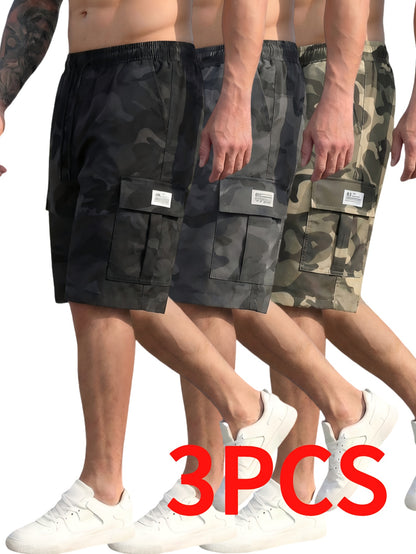 3-Pc Men'S Cargo Shorts, Solid Color Camouflage Series, Casual Athletic Shorts - (Includes Wristband)Multi-Pocket Ripstop, Adjustable Waist (Black, Gray, Khaki) - Outdoor & Travel