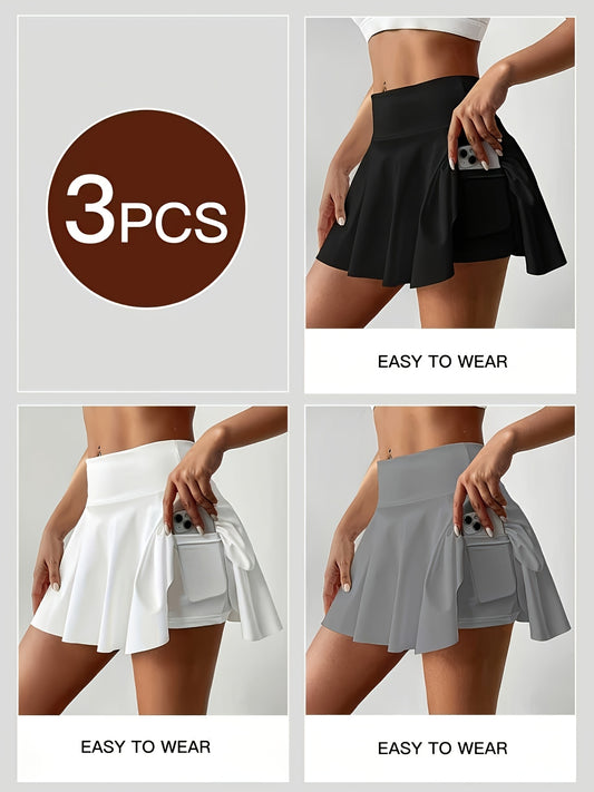 3pcs Women's Sporty Pleated Pocket Skirt, High-Waist Elastic Yoga Shorts for Gym And Pickleball, Machine-Washable, Available In Three Colors, Side Tie Design for Comfortable Fit In Sports And Daily Wear, Tennis Skirt Style