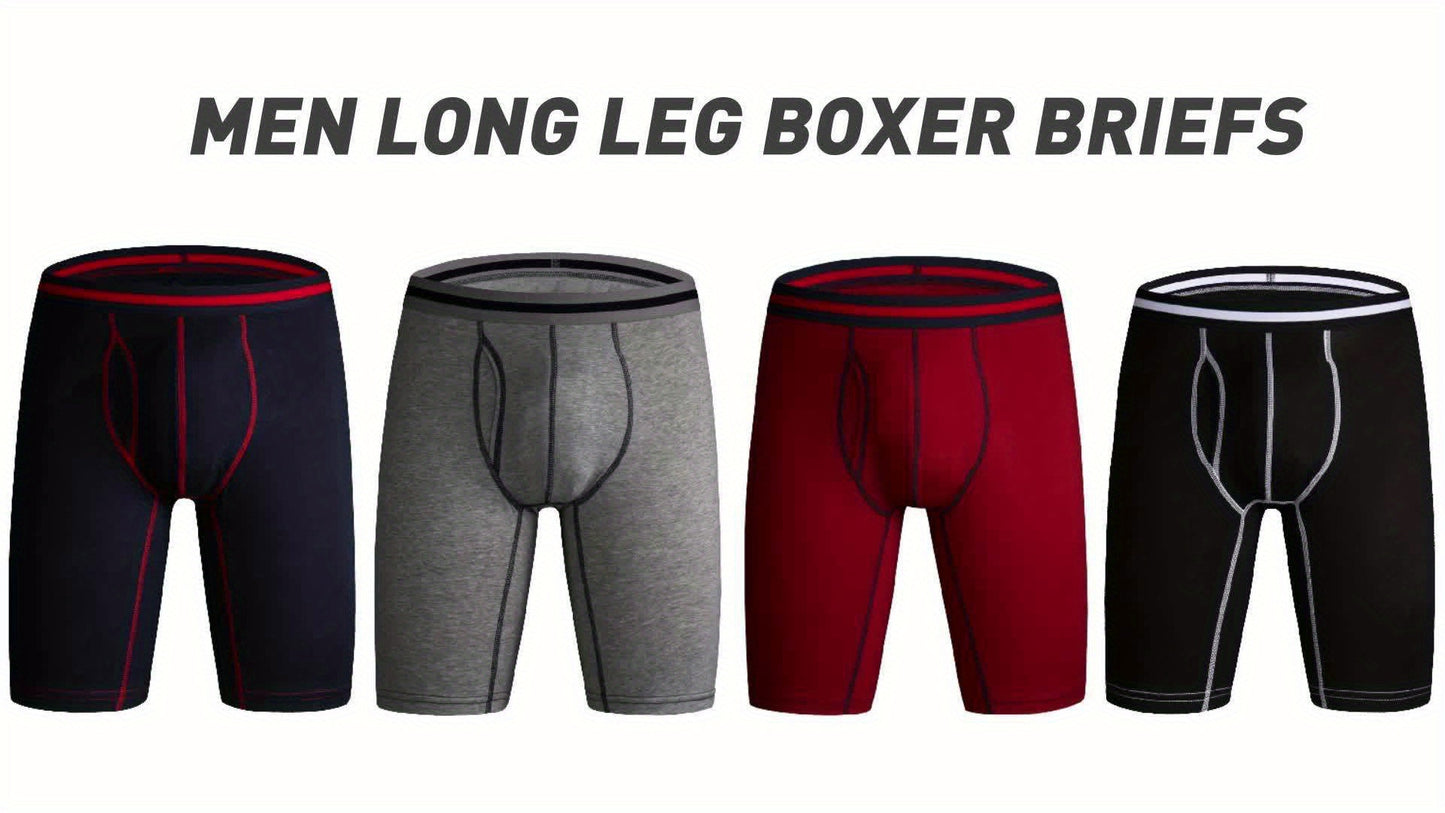 4pcs Men's Long Leg Cotton Underwear Total Support Pouch Boxer Briefs with Open Fly Pouch, Men's Cycling Sports Wear Bottoms, Moisture Wicking & Breathable Slimming Shapewear Body Shape for Men