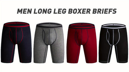 4pcs Men's Long Leg Cotton Underwear Total Support Pouch Boxer Briefs with Open Fly Pouch, Men's Cycling Sports Wear Bottoms, Moisture Wicking & Breathable Slimming Shapewear Body Shape for Men