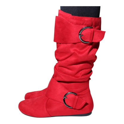 Women's Closed Round Toe Buckle Slouch Flat Heel Mid-Calf Boot