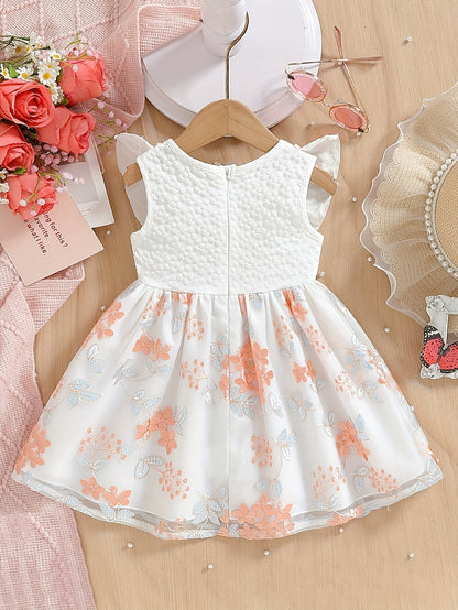 Dress for Baby Girls, Children'S Attire, Summer Princess-Style Dress with a Round Neck And Sunflower Leaf Edges, Featuring a Cute Bow Made of Net Fabric, Perfect for Parties And Valentine'S Day Presents
