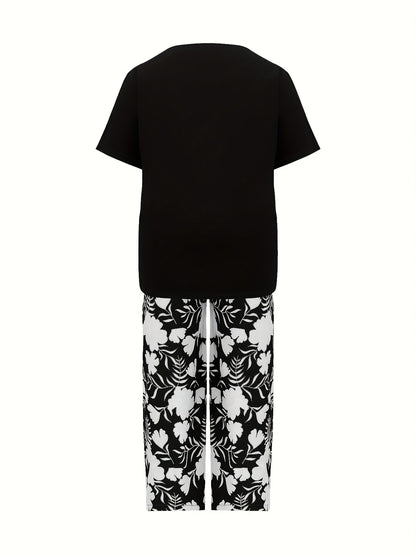 Plus Size Women's Botanical Print Two-Piece Set- Round Neck Tops with Random Floral Print Wide Leg Pants Featuring Pockets, Perfect for Spring and Summer Casual or Stylish Outfits