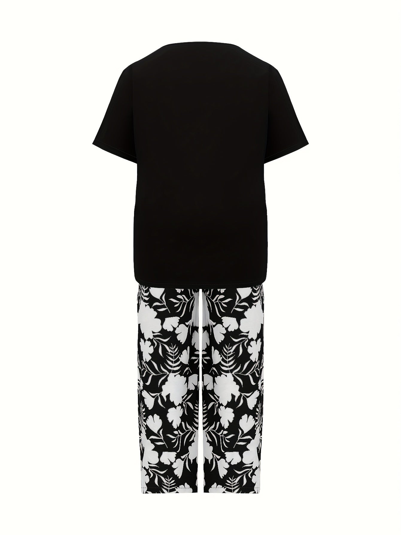 Plus Size Women's Botanical Print Two-Piece Set- Round Neck Tops with Random Floral Print Wide Leg Pants Featuring Pockets, Perfect for Spring and Summer Casual or Stylish Outfits