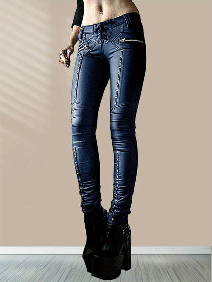 Women'S Leggings Gothic Punk Skinny Pants Mid Rise Novelty Studded Tight Pants