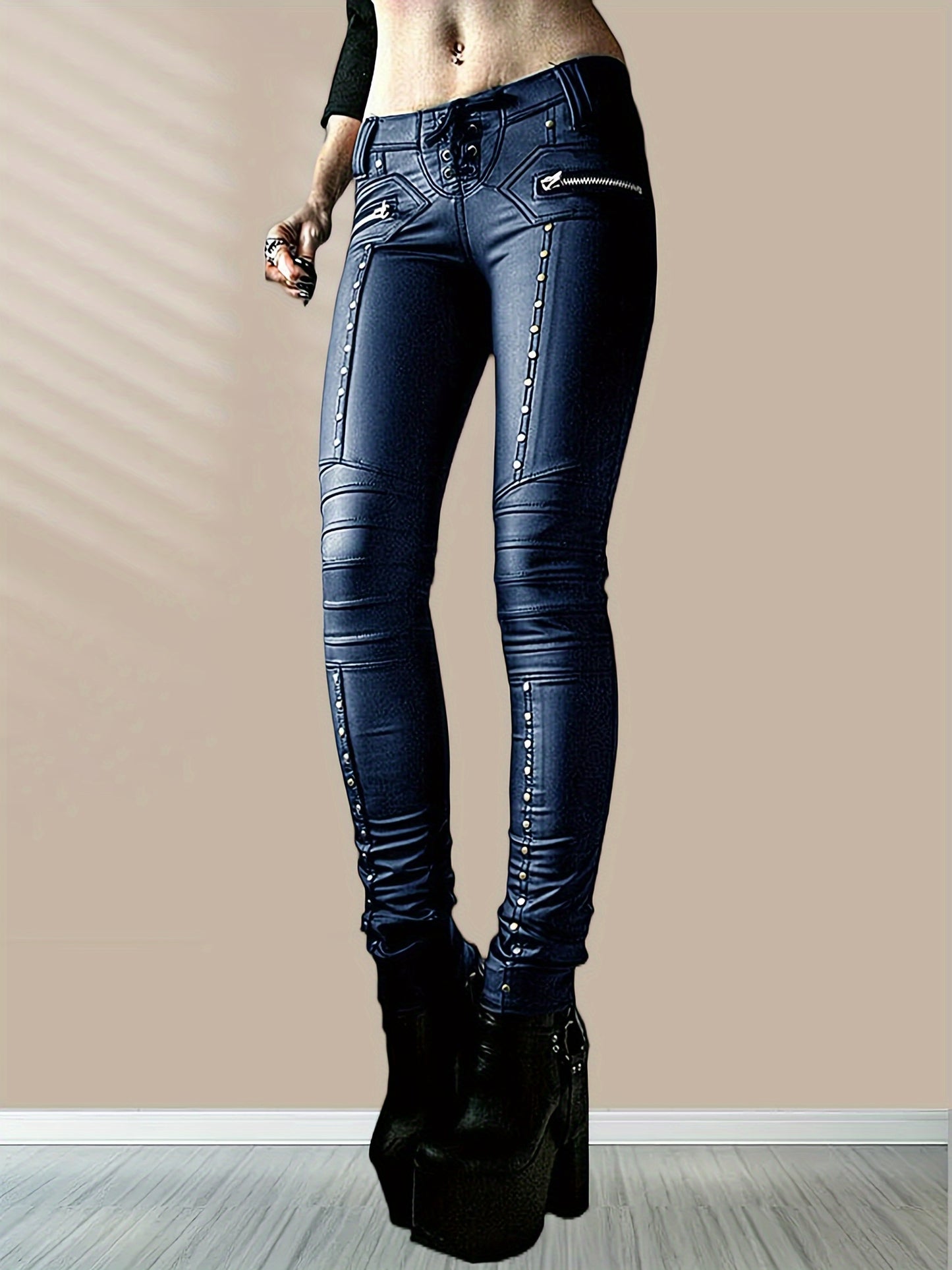 Women'S Leggings Gothic Punk Skinny Pants Mid Rise Novelty Studded Tight Pants