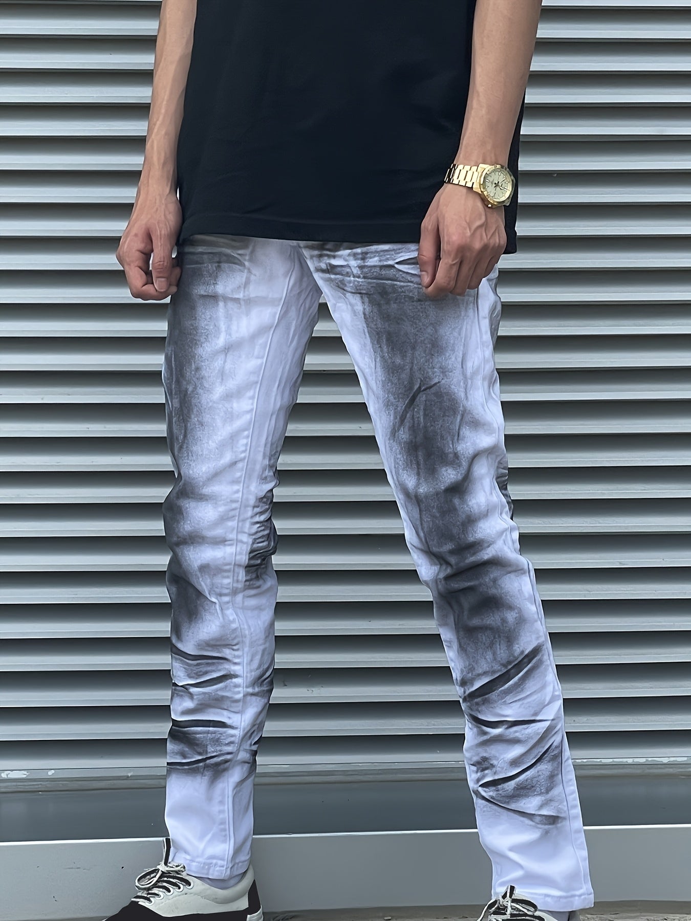 Men'S Print Jeans Stretch Casual Slim Long Casual Pants | Mid Waist, Regular Fit, Zipper Fly, All-season, Washed Detail