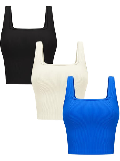 Set of Three Women'S Crop Tank Tops, Featuring a Seamless Ribbed Design, Sleeveless Square Neck, Perfect for Summer Workouts, And