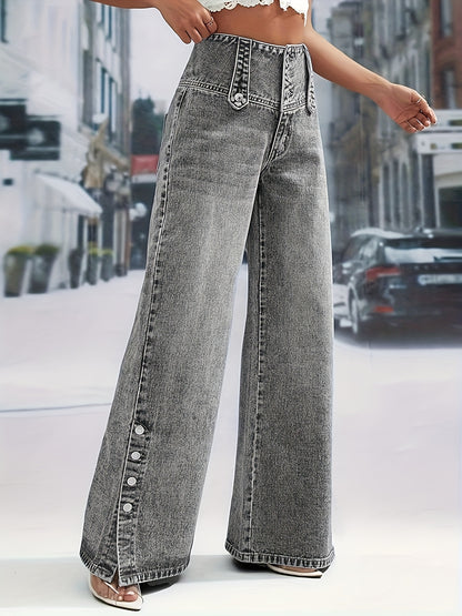 Women's Daily Casual Fashion Button Waistband Loose Jeans, with Open Button Cuff Design, Suitable for Home, Outdoor Street Shopping, Holiday Travel, Airport, And Versatile for All Seasons, Machine Washable.