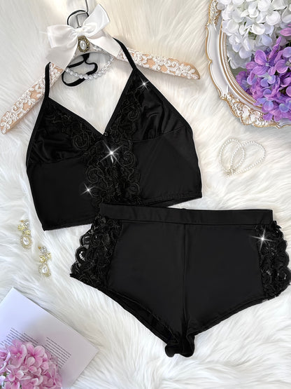 Spring/Summer New Gift Set: Solid Color Lace Trim Halter Neck Tie-Back Button-Up Open-Back Lace Trim Soft Skin-Friendly Sexy Home Sleepwear Set