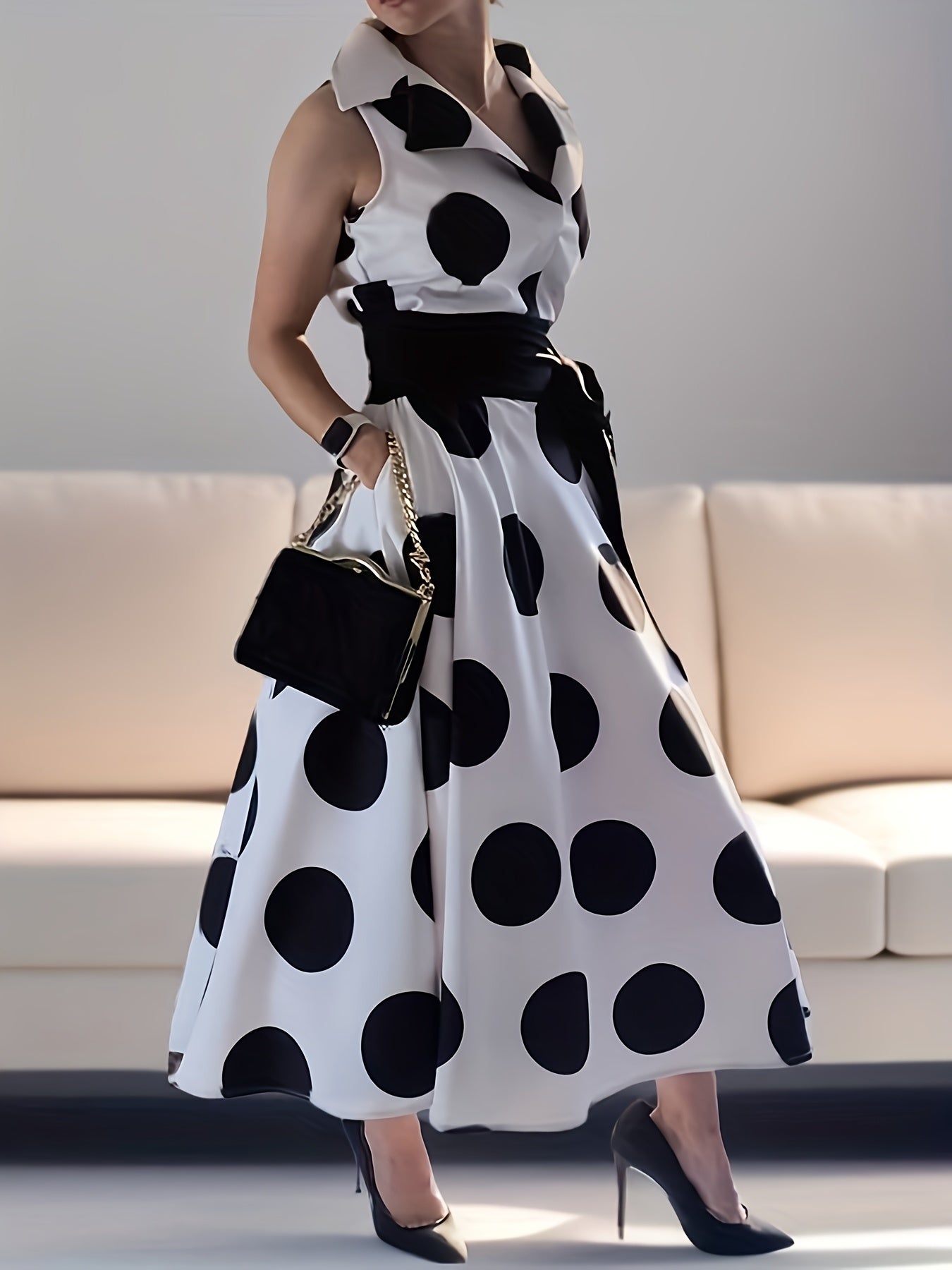Plus Size - Plus Size - Lemongor Plus Size Party Evening Birthday Prom Polka Dots Maxi Dresses for Women 2025 New Sleeveless Tied Waist Fashion Long A-Line Shirt Dress, 3XL, 4XL, 5XL