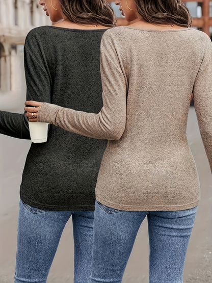 2-Pack Women'S Elegant Long Sleeve V-neck T-shirt | Fabric, Side Pleats, Solid Color, Regular Fit for Spring/Autumn - Comfortable Pullover