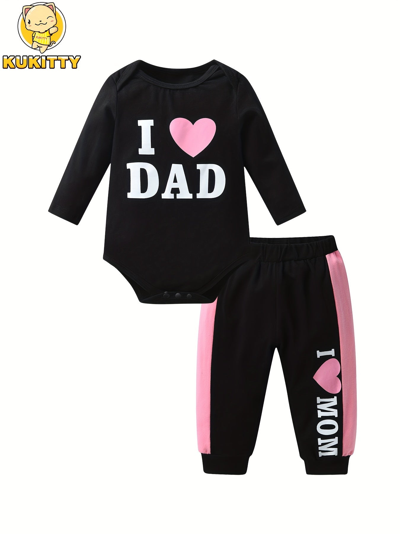 KuKitty Newborn Baby Girl Clothes Infant Girls 2pcs Outfit Set I Love Dad/Mom Print Bodysuit Tops And Pants, Perfect for Outdoor