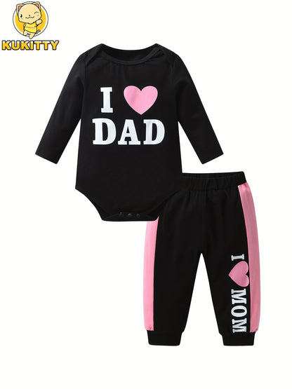 KuKitty Newborn Baby Girl Clothes Infant Girls 2pcs Outfit Set I Love Dad/Mom Print Bodysuit Tops And Pants, Perfect for Outdoor