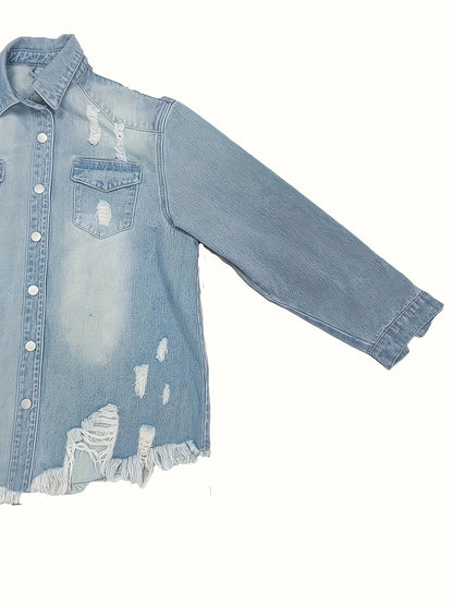 2026 New Women's Plus Size Vintage Distressed Denim Jacket, Long Sleeves, Asymmetrical Hem, Classic Neckline And Frayed Edge Details, All-season Machine Washable Casual Jacket, European And American Casual Hole Loose Top.