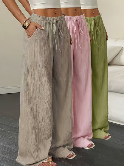3pcs Elegant Ladies' Pants Set - Elegant Casual Solid Color Wide Leg Trousers, Versatile High-Waisted Pants for Spring & Summer, Perfect for Daily Wear And Vacation, Summer Vacation Beach Flowy Trousers with Pockets