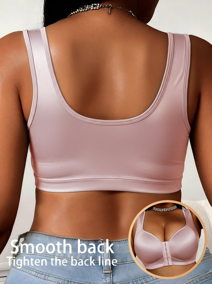 1-piece Set Of Women's Plus Size Bra Without Steel Ring, Satin Fabric, Smooth Fabric, Front Buckle Design With Strong Support, Suitable For Daily Wear And Formal Occasions - Comfortable Underwear, High Elasticity Material, High Support Enhancement