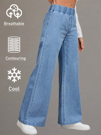 Women's Versatile Mid-blue Casual Stretch Waist Wide-leg Loose Regular Lightweight Denim Jeans