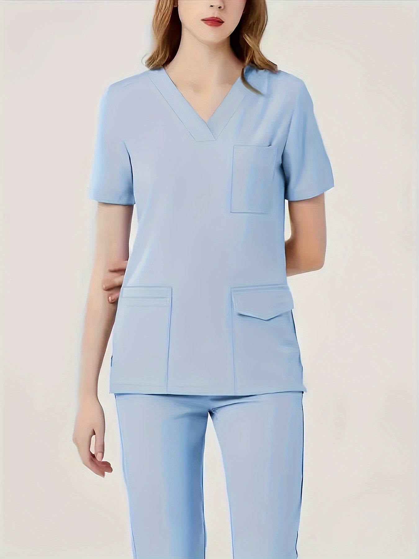 Ultra-Soft Womens Two-Piece Health Care Uniform Set - Stylish V-Neck Top With Practical Pockets & Sleek Solid Pants - Premium Quality, Comfortable Everyday Wear For Women