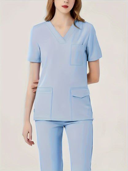 Ultra-Soft Womens Two-Piece Health Care Uniform Set - Stylish V-Neck Top With Practical Pockets & Sleek Solid Pants - Premium Quality, Comfortable Everyday Wear For Women
