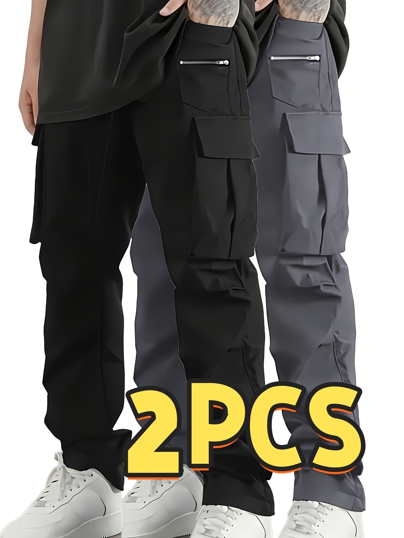 2pcs Men'S Fashion Cargo Pants, Casual Hiking Trousers, Breathable Comfortable Loose Straight Trousers with Multiple Pockets for Spring, Summer, Fall, Winter - Polyester