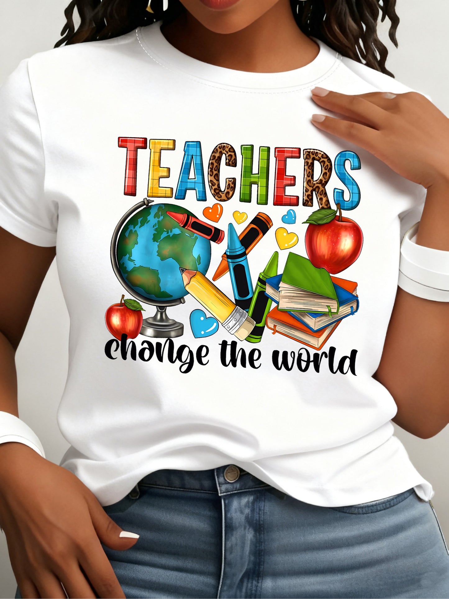 Round Neck Short Sleeve T-Shirt with a Teacher Pattern Print