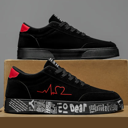 Men's Mid-Top Sneakers - Red Heart & Music Note Graphic Design, All-Season Outdoor//Casual Shoes, Breathable PU/Fabric Upper & Durable PVC Sole, Valentine's/Birthday Gift for Him, Trendy Streetwear Footwear (Black/Red)