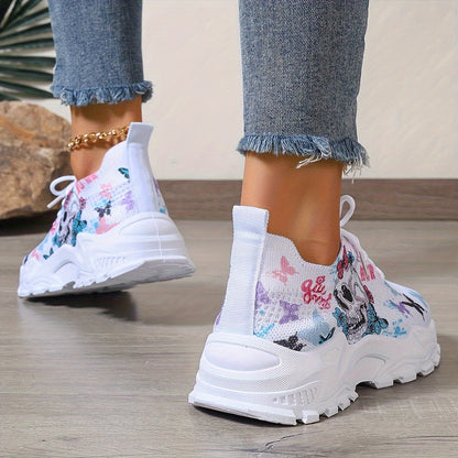 Women's Breathable Low-Top Sneakers with Butterfly & Skull Print - Lace-Up Round Toe Sneakers Suitable for Running, Walking, Daily Wear - PVC Sole & Microfiber Insole, Casual Sportswear (North Fit), Women Shoes