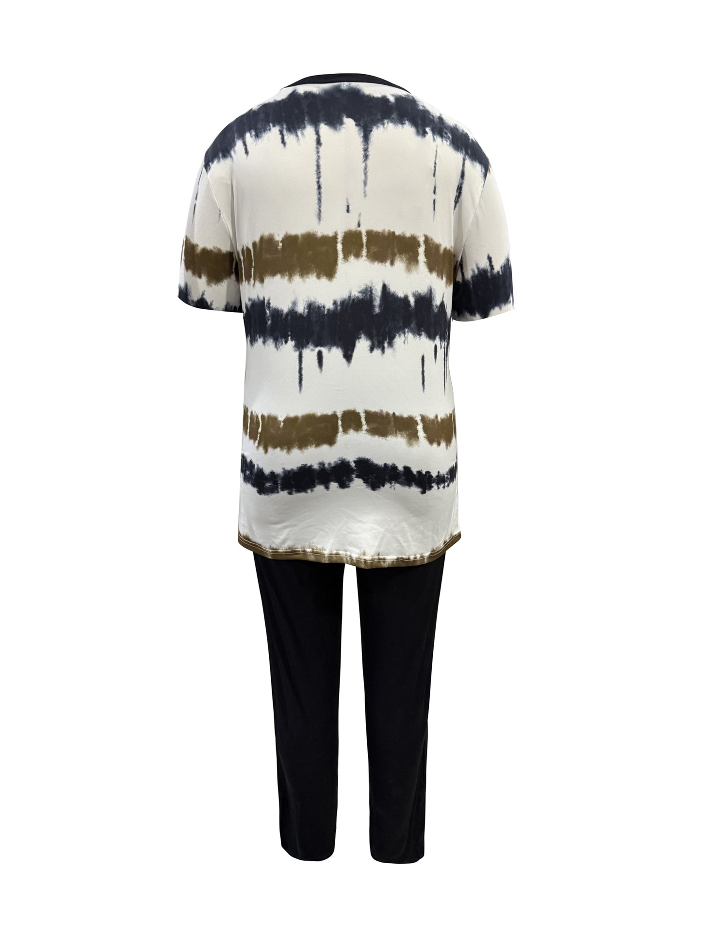Plus Size, Ladies Plus Size Daily Fashion And Leisure Suit, Horizontal Wavy Striped Printed T-shirt with Short Sleeves And Pocket Trousers, Ladies Elegant Suit.