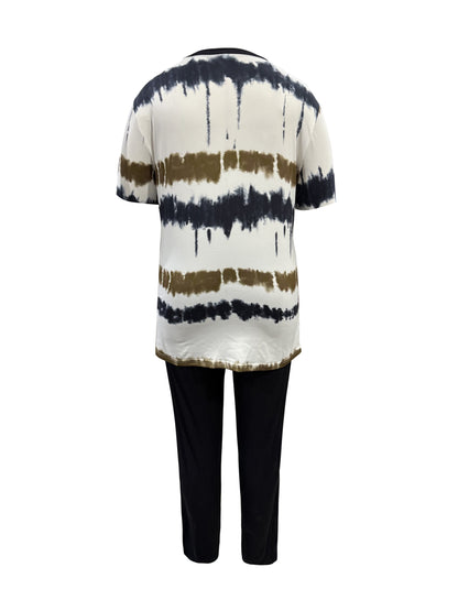 Plus Size, Ladies Plus Size Daily Fashion And Leisure Suit, Horizontal Wavy Striped Printed T-shirt with Short Sleeves And Pocket Trousers, Ladies Elegant Suit.