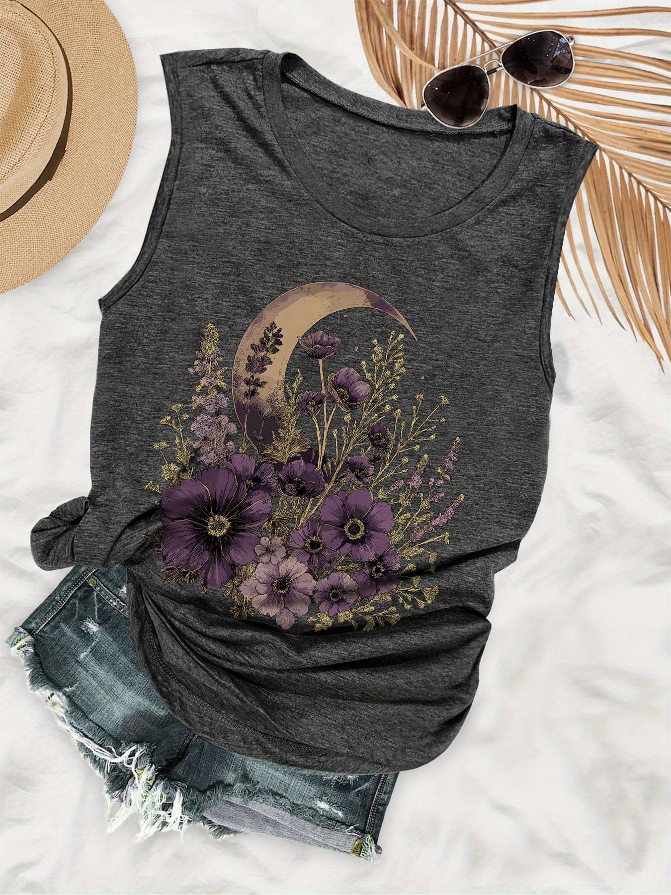 Women's Sleeveless Vest- Gray Purple Floral Crescent Pattern- Lightweight Breathable Summer Beach Party Essential, Machine Washable Casual Top