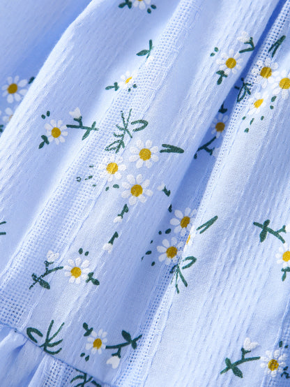 3pcs Casual Baby Girl Blue Dress Set, Small Floral Print and Ruffled Hem Design, with Cute Bag Bow Decoration and Sun Hat, Spring/Summer Princess Drdoor Wedding Occasion, Sister and Little Sister Dresses, Gift