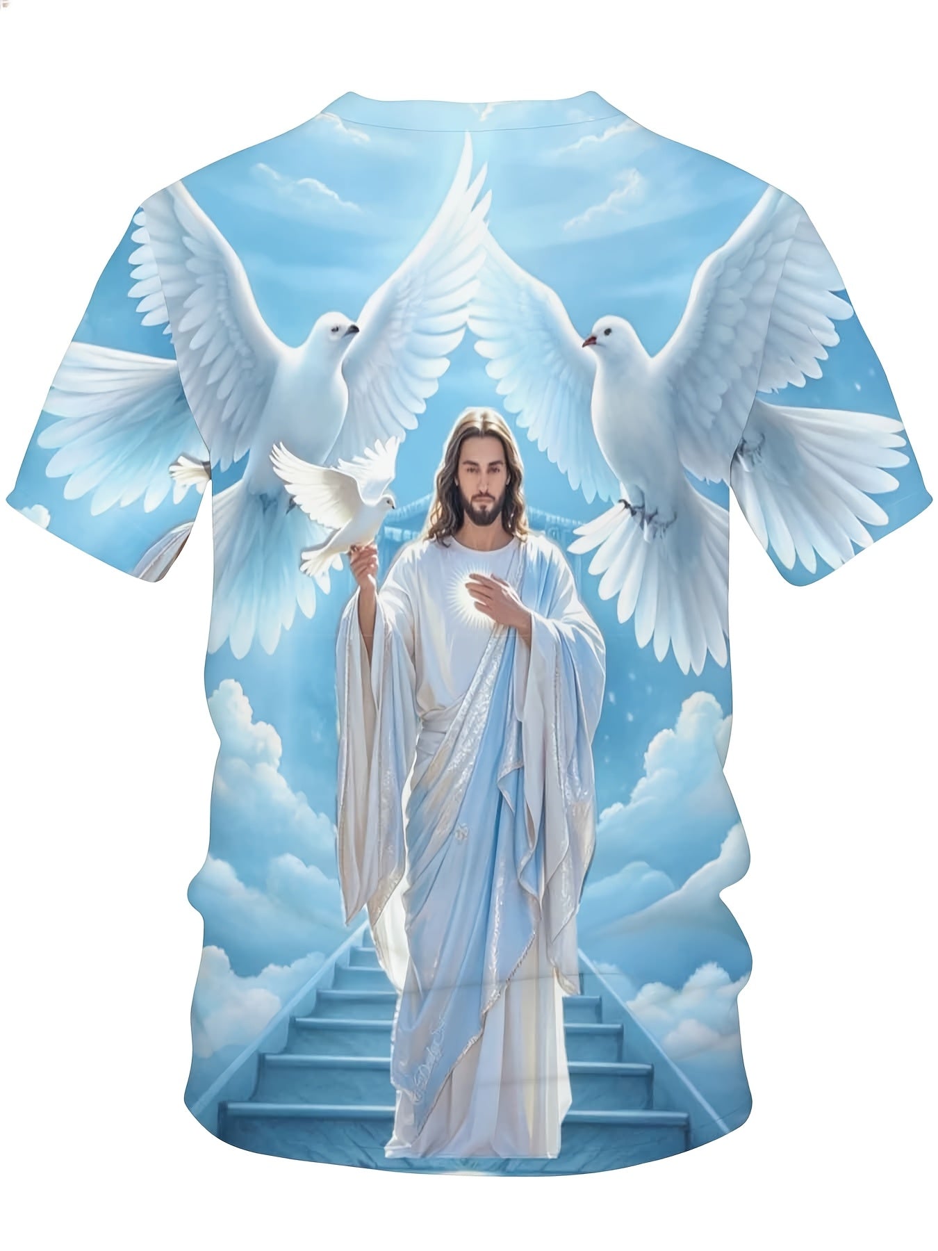 Jesus Christ With Doves And Heavenly Stairs Religious Christian T-Shirt For Men Full Print Design Faith Inspired Apparel, Plus Size