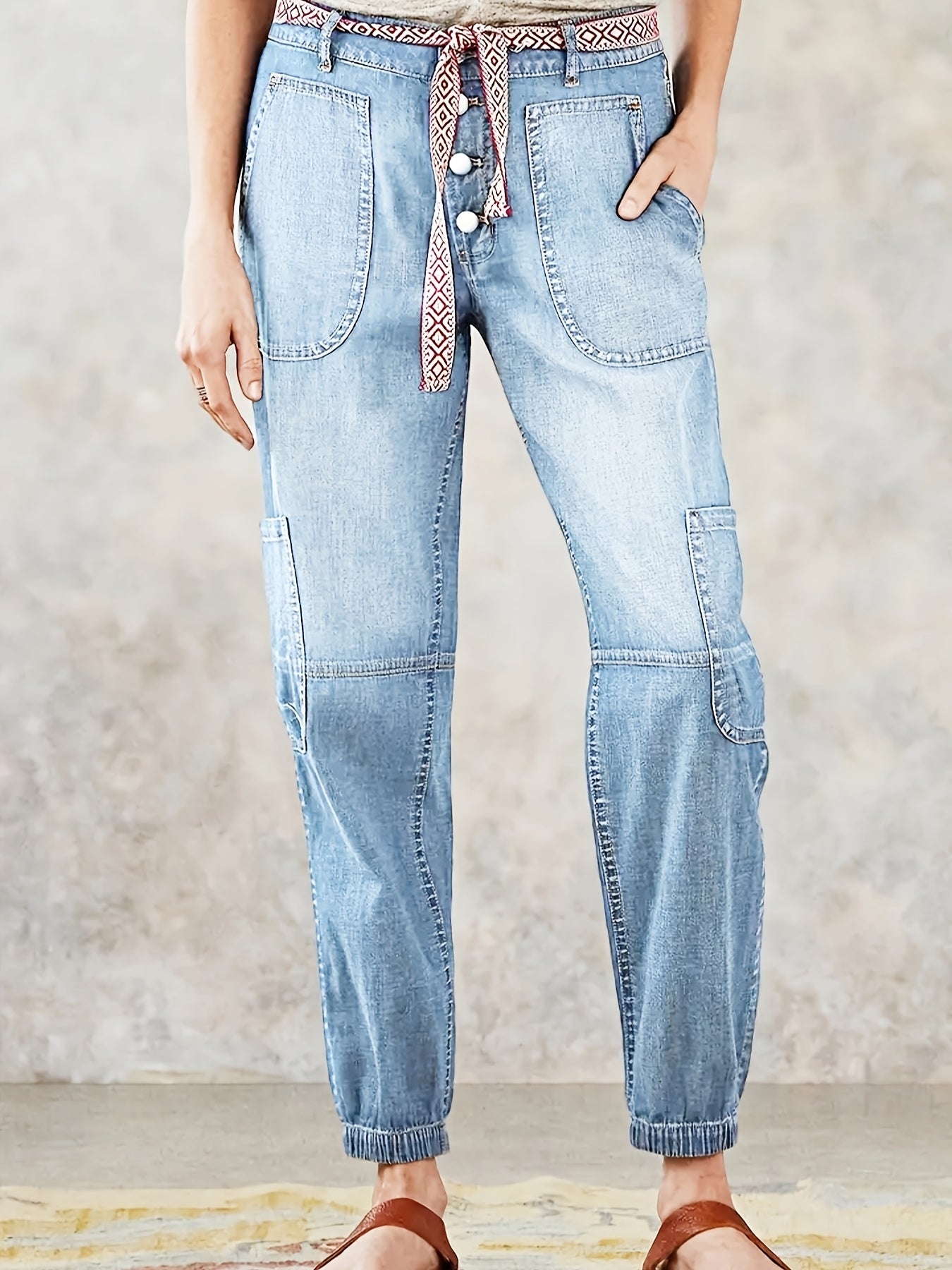 HME Women's Ankle Pants, Elastic Cargo Denim with Multiple Pockets, Heavy Wash Vintage Blue, Beltless Casual Vacation Street Style, Versatile Youthful Fashion, Autumn/Winter New Arrival