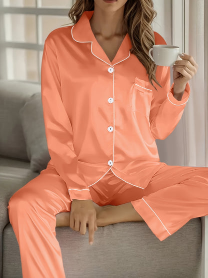 Women's Satin Casual Comfortable 1 Set 2pcs Pajama Outfit, Turn- Collar Long Sleeve Top & Elastic Waistband Trousers Women's Sleepwear