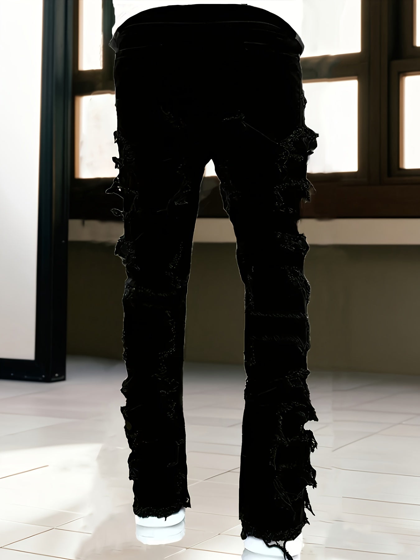 [HME] Men's Fashion Trendy Brand Jeans, Three-dimensional Cut And Creative Tassel Details, Street Hip-hop Style, Fringed Hem Design, Mid-waist Elastic Slim Flared Pants, Casual And Versatile Trendy Men's Plus-size Denim Trousers, PLUS SIZE