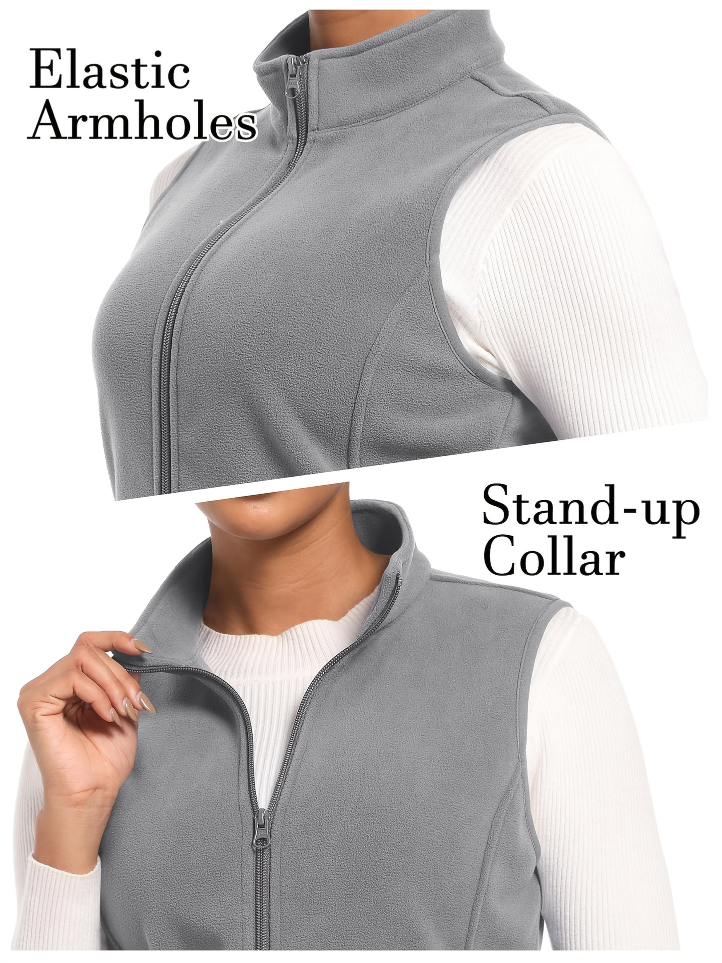 Women'S Fleece Zip Vest Lightweight Warm Sleeveless Jacket Stand Up Collar Windproof Soft Outerwear Vest with 4 Pockets Elastic Armholes for Camping Riding Office Outdoor Party Spring Fall Winter