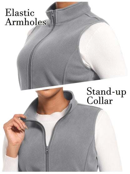 Women'S Fleece Zip Vest Lightweight Warm Sleeveless Jacket Stand Up Collar Windproof Soft Outerwear Vest with 4 Pockets Elastic Armholes for Camping Riding Office Outdoor Party Spring Fall Winter
