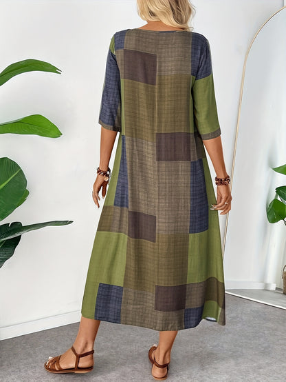 [Retro Geometric Dress] Vintage Geometric Print Women's Maxi Dress - Olive Green, Brown, And Beige Patchwork Design, Round Neck, Half Sleeves, Lightweight, Casual to Chic Style, Comfortable Outfit | Retro Geometric Dress | Earth Tone Design, Cute Dress