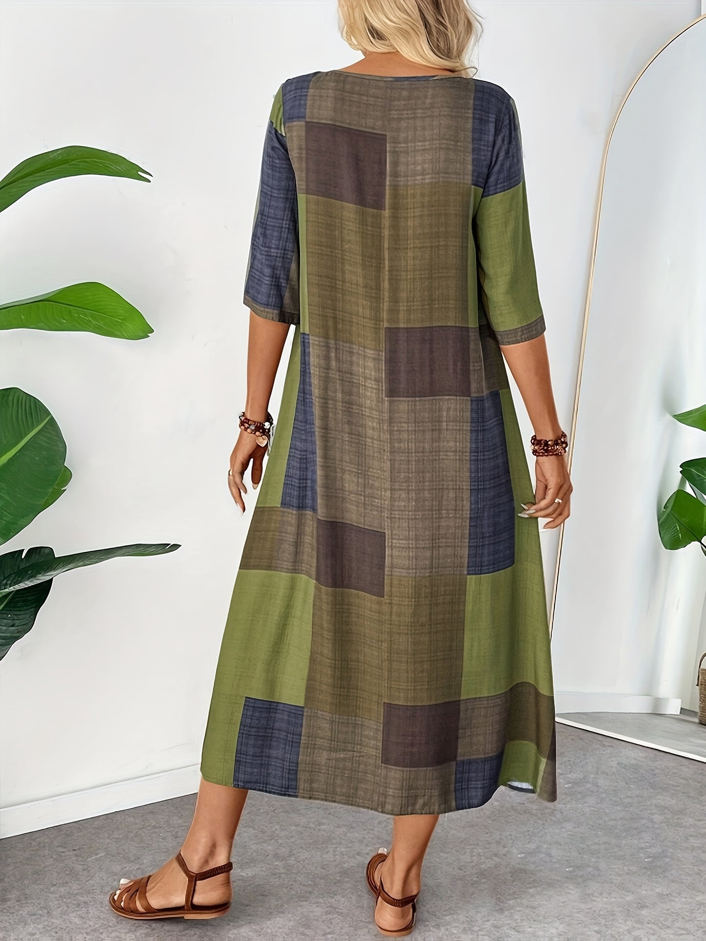 [Retro Geometric Dress] Vintage Geometric Print Women's Maxi Dress - Olive Green, Brown, And Beige Patchwork Design, Round Neck, Half Sleeves, Lightweight, Casual to Chic Style, Comfortable Outfit | Retro Geometric Dress | Earth Tone Design, Cute Dress