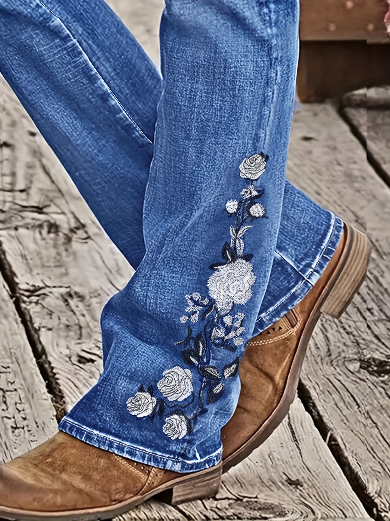 Women's Plus Size Light Blue Solid Denim Jeans - Side Ankle Floral Embroidery Whiskered Flared Legs High-Waisted Medium Stretch - Elegant Comfort Date Night Outing Plus Size Denim