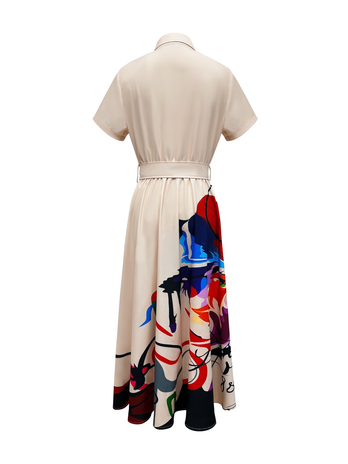 Women's Floral Print A-Line Dress with Button Front & Collared Short Sleeves - Vibrant Spring Summer Fall Casual Elegant Midi Dress, Machine Washable, Seasonal Wardrobe, Breathable Material, Adult Clothing