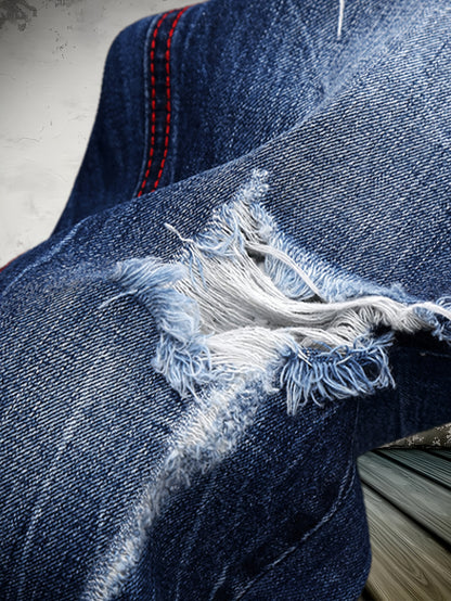 American High Street Washed Holes in Men'S Jeans Trend Blue Motorcycle Casual Straight Pants