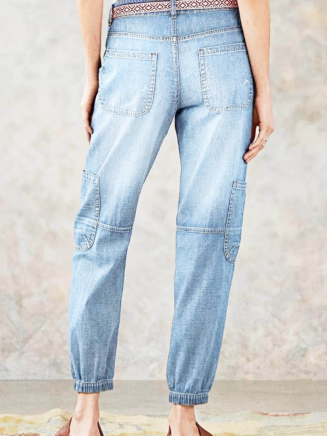 HME Women's Ankle Pants, Elastic Cargo Denim with Multiple Pockets, Heavy Wash Vintage Blue, Beltless Casual Vacation Street Style, Versatile Youthful Fashion, Autumn/Winter New Arrival