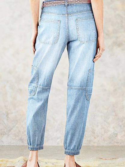 HME Women's Ankle Pants, Elastic Cargo Denim with Multiple Pockets, Heavy Wash Vintage Blue, Beltless Casual Vacation Street Style, Versatile Youthful Fashion, Autumn/Winter New Arrival